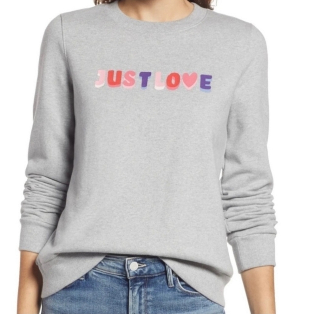 NEW Halogen "Just Love" Crew Neck Pullover Gray Graphic Sweater